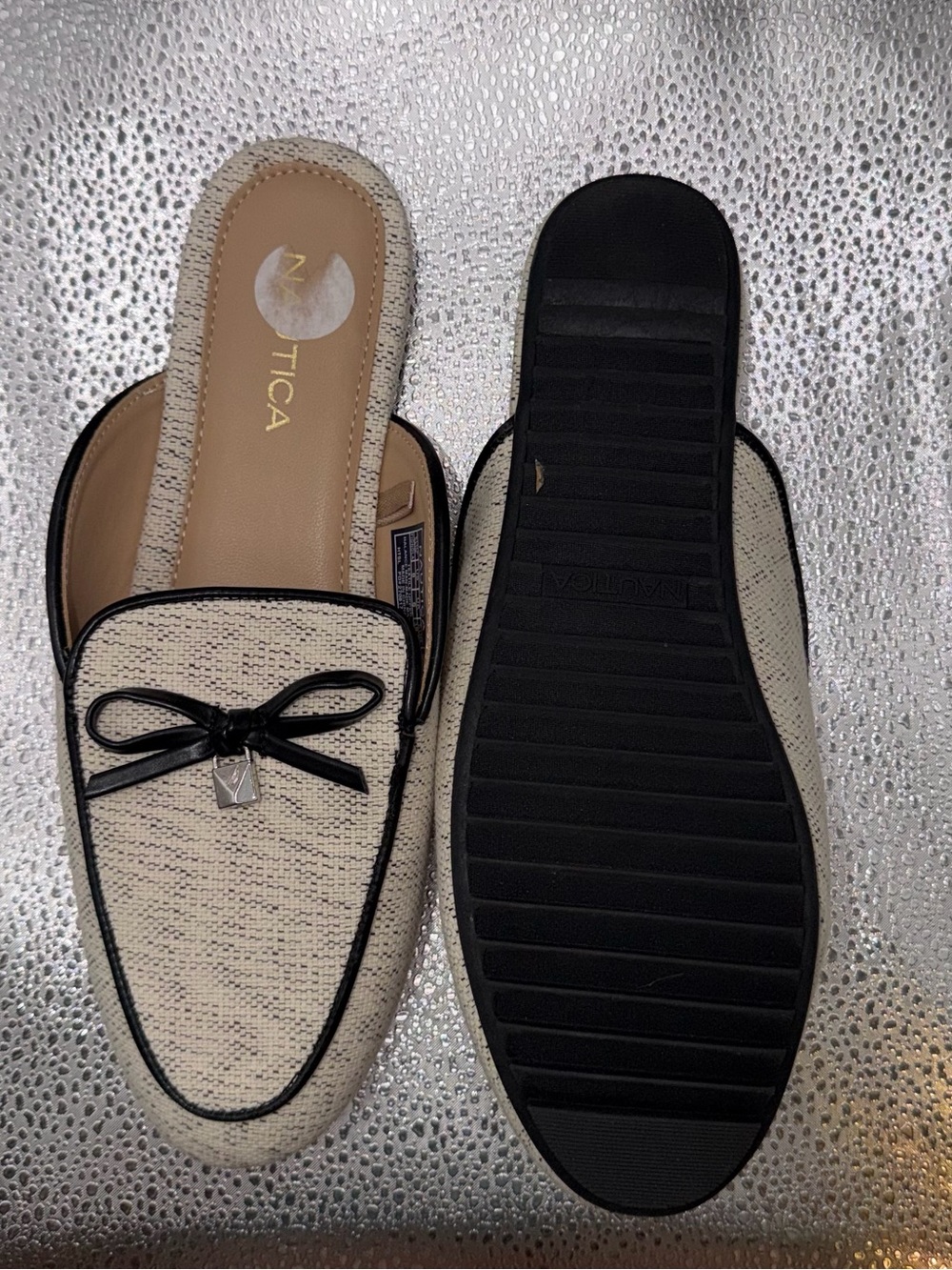 Nautica Cream Slip-On Mules with Black Trim and Bow Accent - Picture 2 of 6